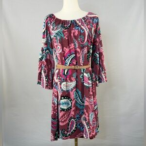 Dear Scarlett Boho Inspired Dress with Rich Paisley Print and 3/4 Bell Sleeves